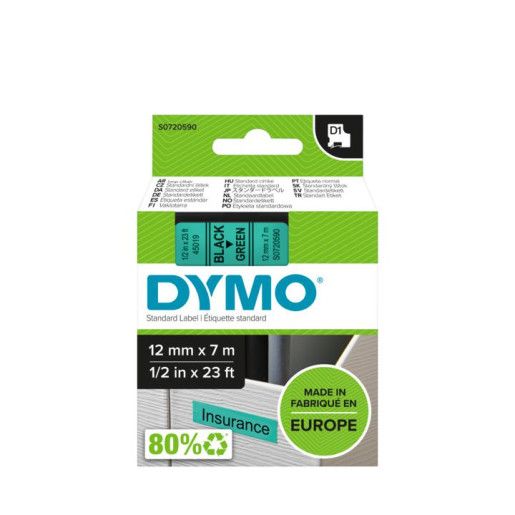 Dymo D1 Tape 12mm Black on Green
